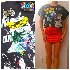 Libertine LA celebrity gothic w metal and beaded graffiti graphic relaxed fit s